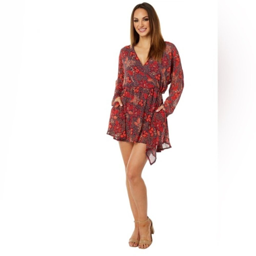 NWT FREE PEOPLE Floral Teegan Pullover Mini Dress Cinched Waistline Size XS